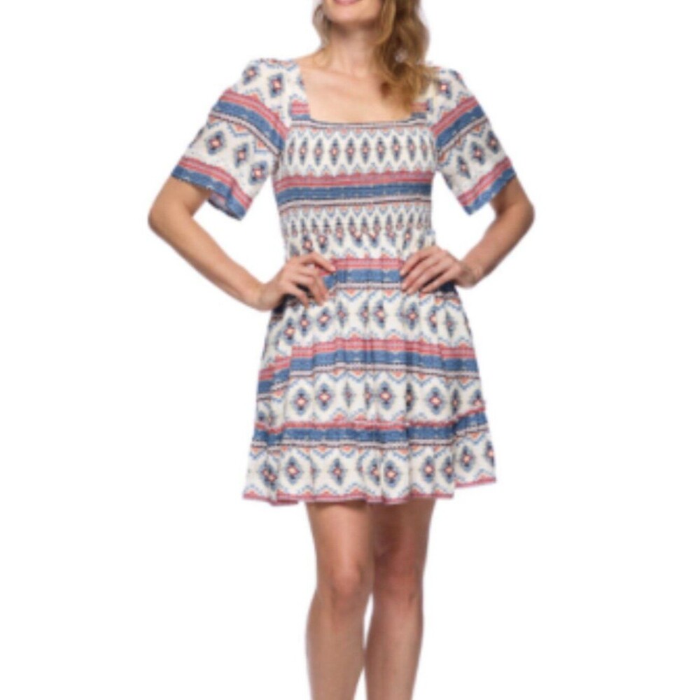 Threadgrit Size Small Sofia Square Neckline Smocked Mini Dress in Southwest Blue